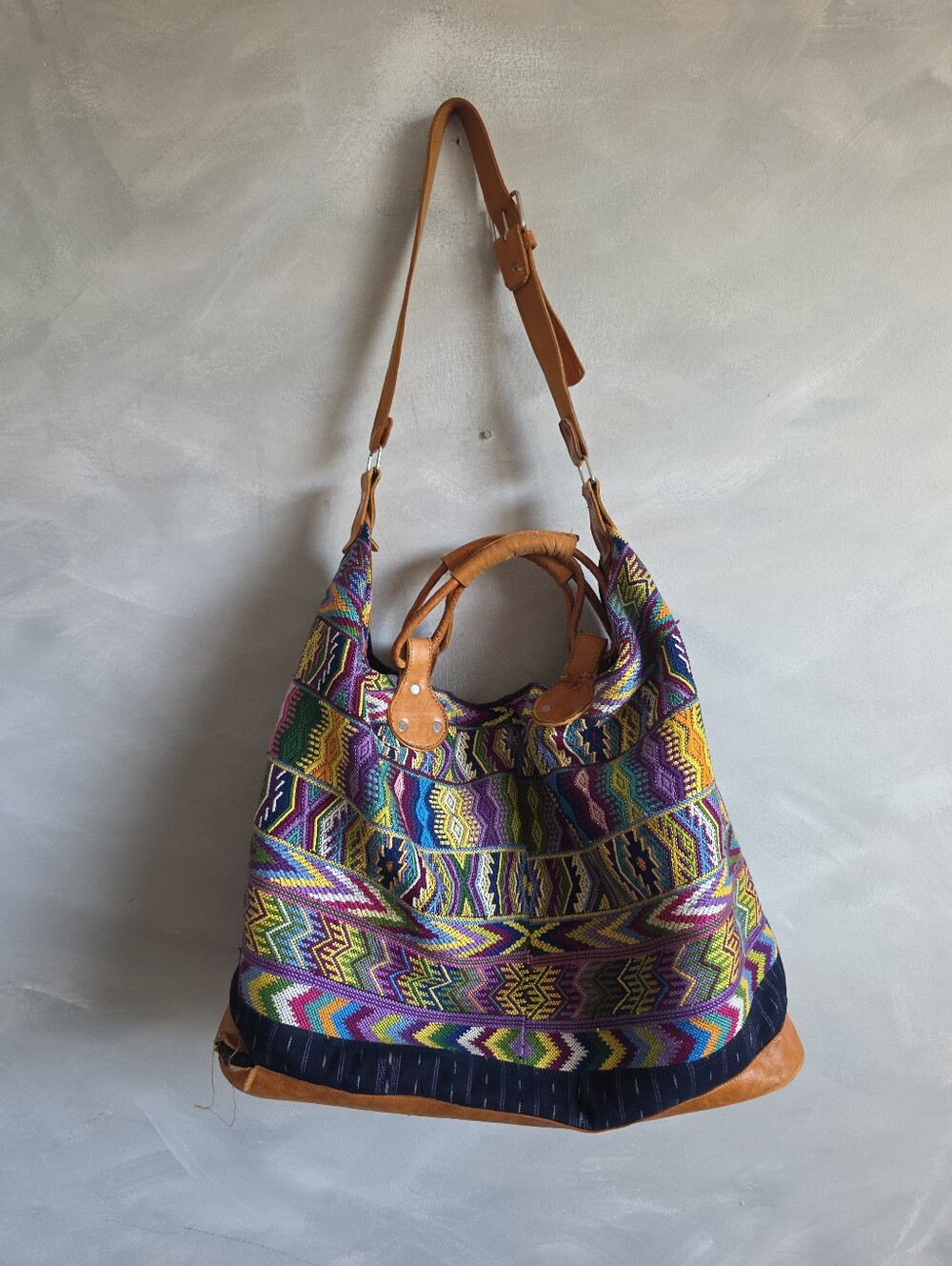 Vtg Artisan Handwoven Tapestry Huipil & Leather Convertible Boho Bag Flawed